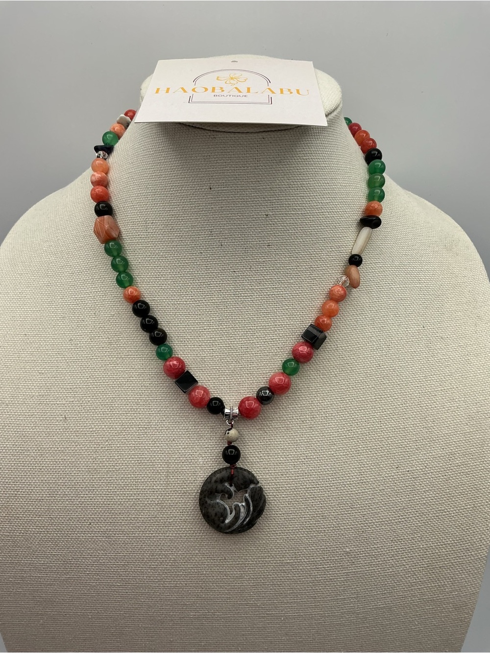Multicolor Beaded Jade Pendant Necklace - Sterling Silver 925 Accents